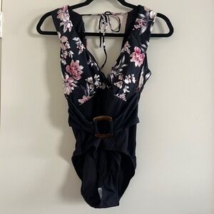 Time  Tru Babydoll Floral One Piece Swimsuit Small Belted Tie Resort Travel Pool